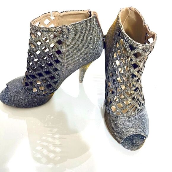 Glitter Caged Bootie Heel Iridescent Gold & Silver Gold Zipper Backs US 6 - Picture 3 of 8